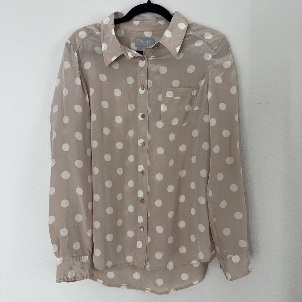 Pure Collection Silk Popover Blouse Button Front Blush Pink Women US 6 Polka Dot